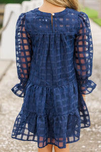 Girls: In Your Happy Place Navy Blue Textured Dress