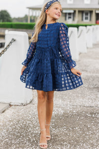 Girls: In Your Happy Place Navy Blue Textured Dress