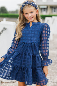 Girls: In Your Happy Place Navy Blue Textured Dress