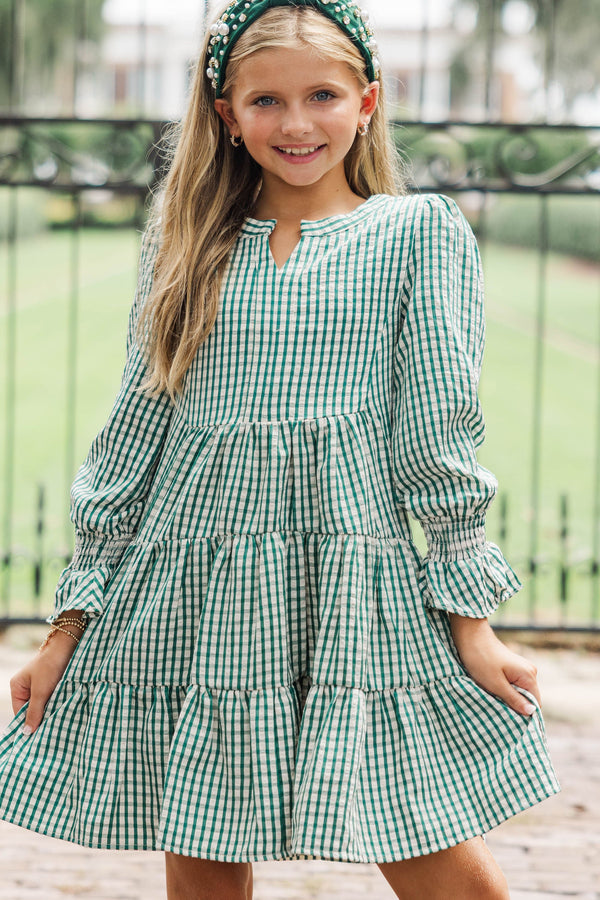 Girls: In Your Happy Place Emerald Green Gingham Dress