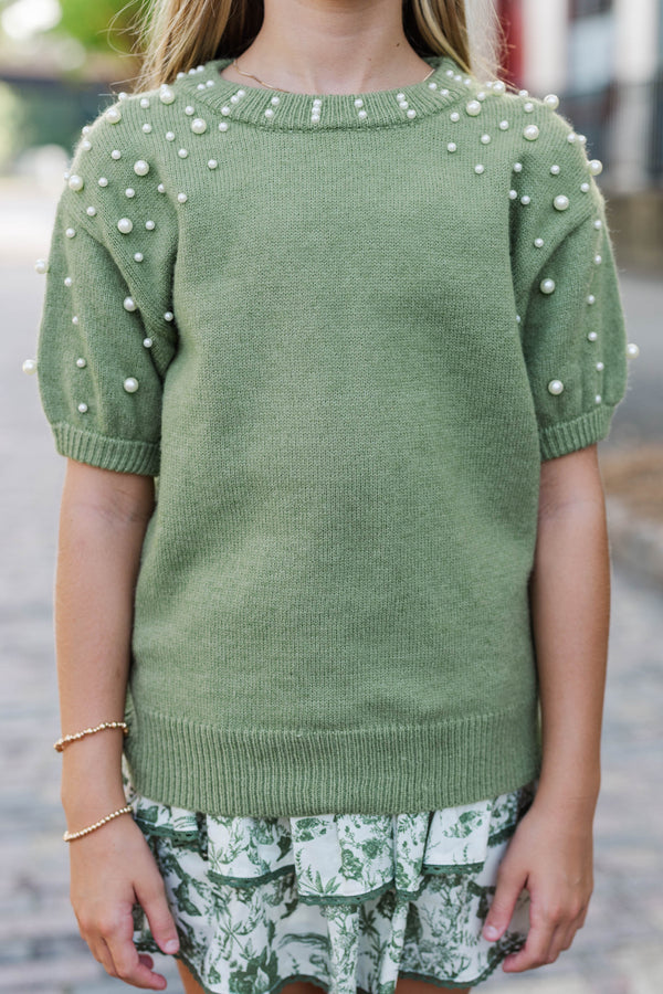 Girls: Tell Your Story Olive Green Embellished Sweater