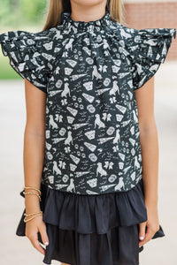 Girls: A True Beauty Black Bulldog Print Blouse