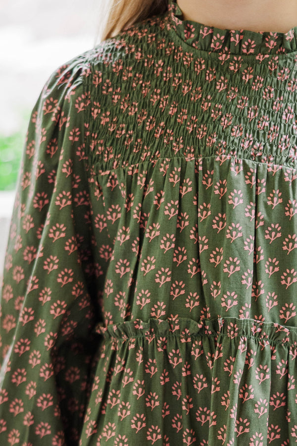 Girls: All About It Olive Green Medallion Print Babydoll Dress