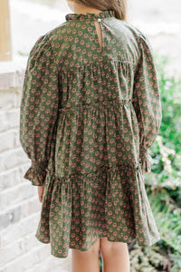 Girls: All About It Olive Green Medallion Print Babydoll Dress