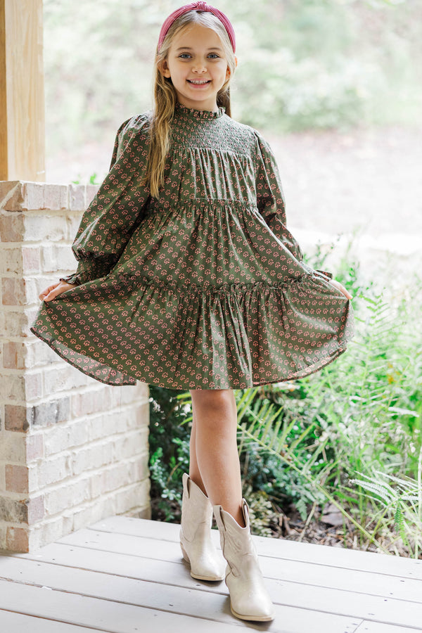 Girls: All About It Olive Green Medallion Print Babydoll Dress