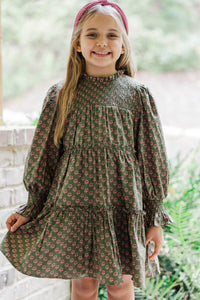 Girls: All About It Olive Green Medallion Print Babydoll Dress