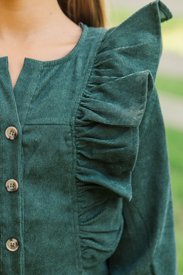 Girls: Never Too Late Emerald Green Corduroy Dress