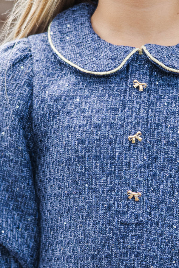 Girls: The Lydia Navy Blue Tweed Dress