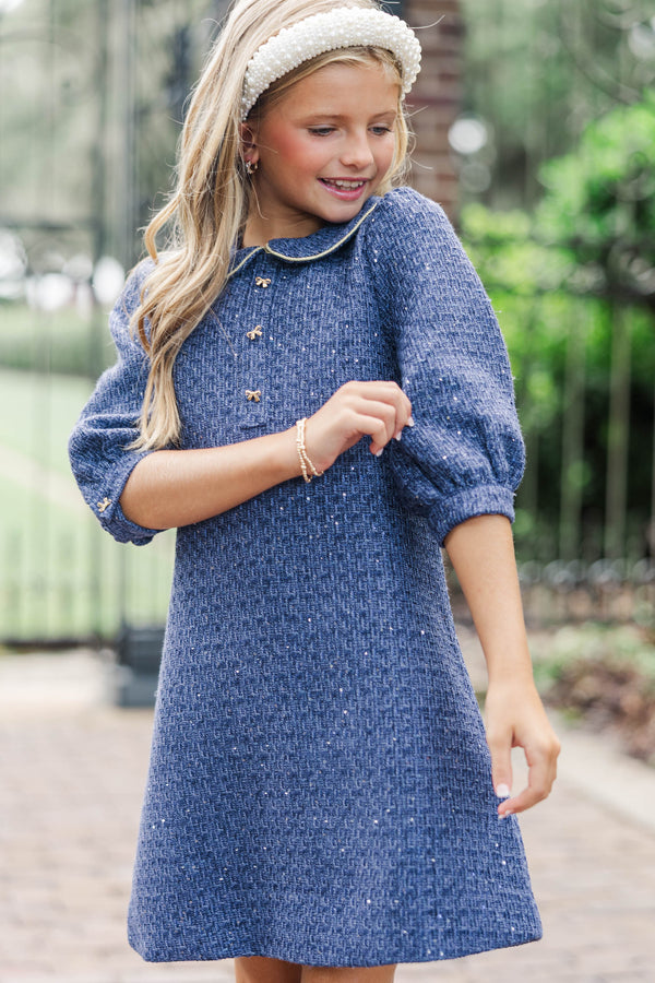 Girls: The Lydia Navy Blue Tweed Dress