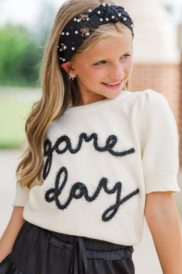 Girls: It's Gameday White and Black Script Sweater