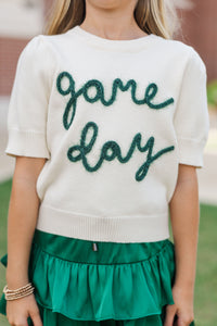 Girls: It's Gameday White and Emerald Script Sweater