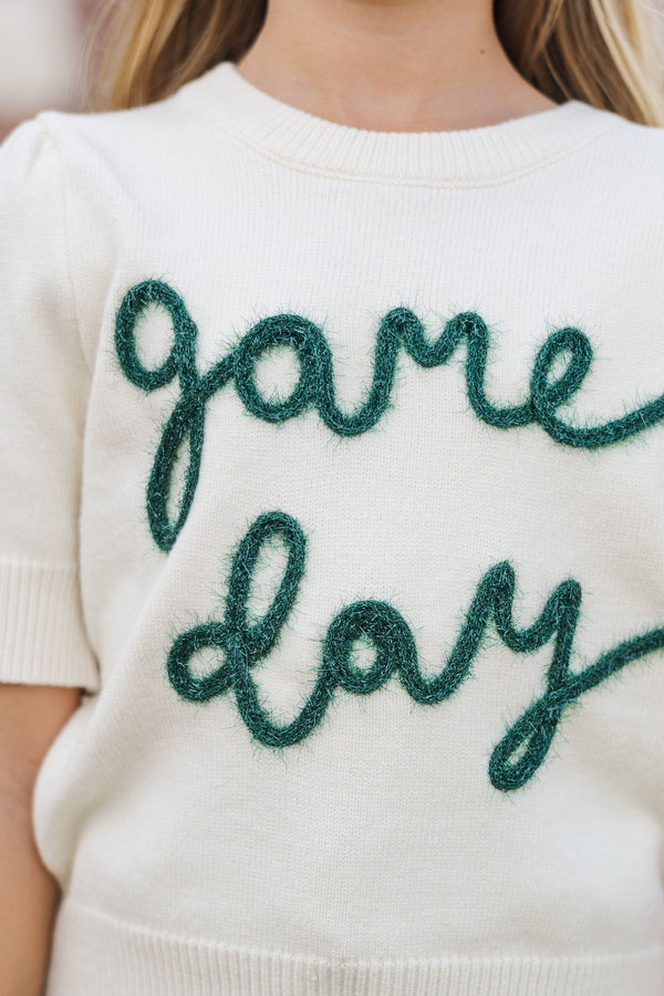 Girls: It's Gameday White and Emerald Script Sweater