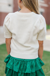 Girls: It's Gameday White and Emerald Script Sweater