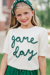 Girls: It's Gameday White and Emerald Script Sweater