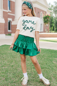 Girls: It's Gameday White and Emerald Script Sweater