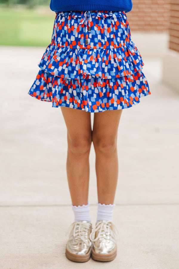 Girls: Take The Leap Orange and Blue Watercolor Satin Skort