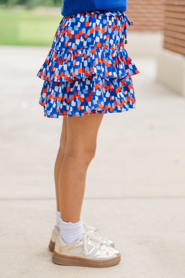 Girls: Take The Leap Orange and Blue Watercolor Satin Skort