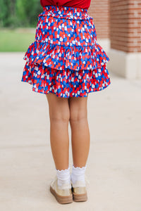 Girls: Take The Leap Blue and Red Watercolor Satin Skort