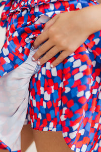 Girls: Take The Leap Blue and Red Watercolor Satin Skort