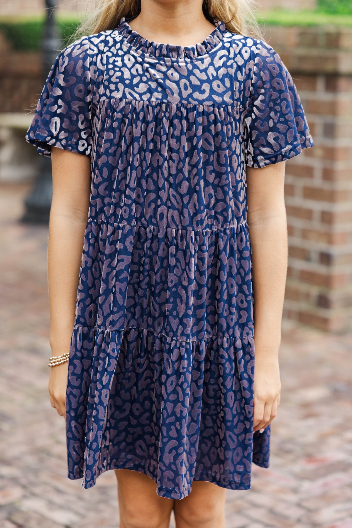 Girls: The Skylar Navy Blue Leopard Print Velvet Dress, (10/12) - The Mint Julep Boutique