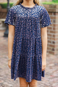 Girls: The Skylar Navy Blue Leopard Print Velvet Dress