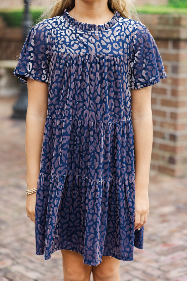 Girls: The Skylar Navy Blue Leopard Print Velvet Dress