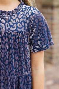 Girls: The Skylar Navy Blue Leopard Print Velvet Dress