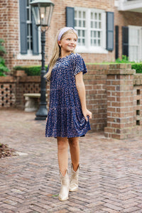 Girls: The Skylar Navy Blue Leopard Print Velvet Dress