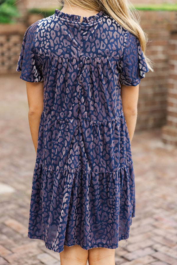 Girls: The Skylar Navy Blue Leopard Print Velvet Dress
