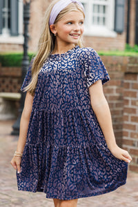 Girls: The Skylar Navy Blue Leopard Print Velvet Dress