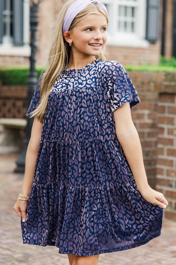 Girls: The Skylar Navy Blue Leopard Print Velvet Dress