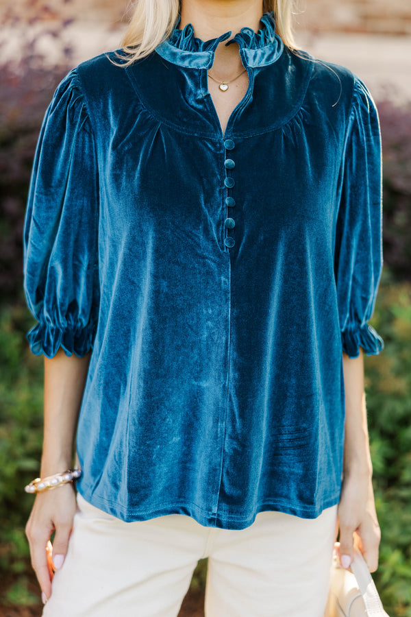 Keep It Up Teal Velvet Ruffled Blouse