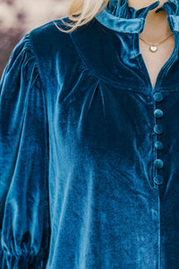 Keep It Up Teal Velvet Ruffled Blouse