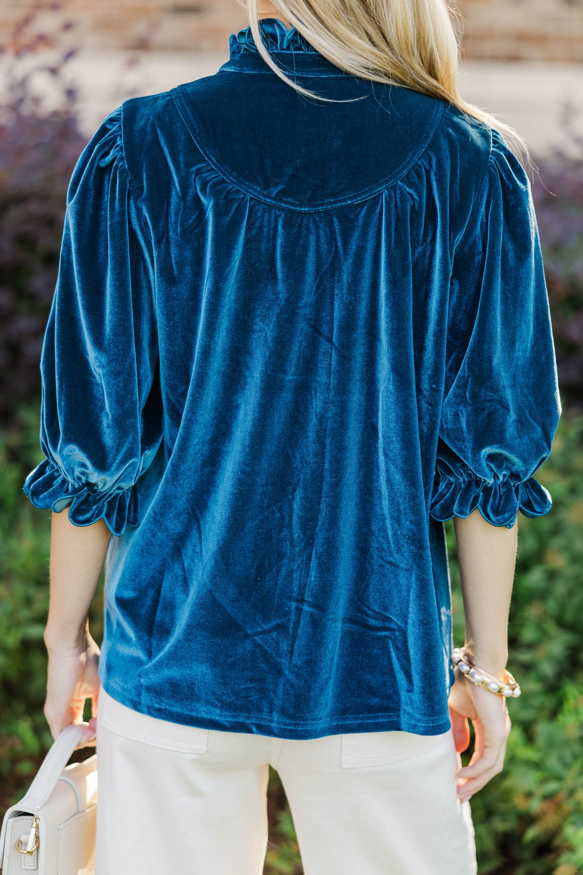 Keep It Up Teal Velvet Ruffled Blouse – Shop the Mint