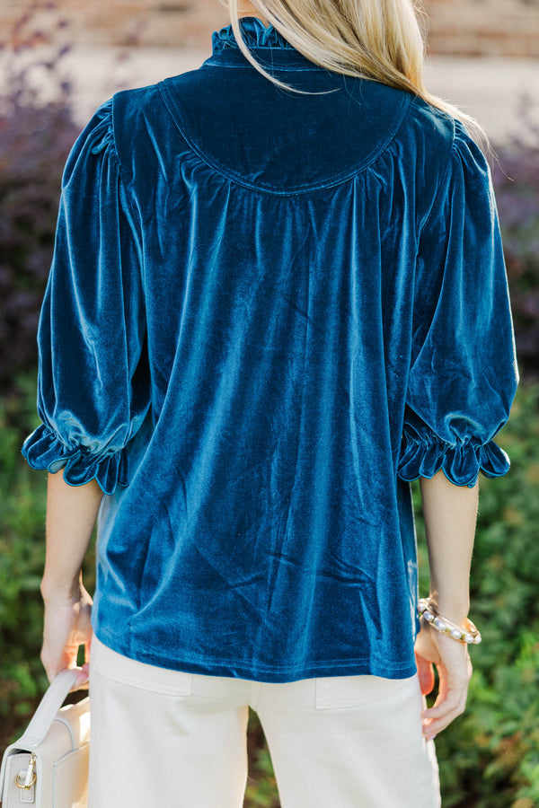 Keep It Up Teal Velvet Ruffled Blouse