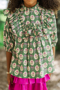 Girls: In A Dream Olive Green Medallion Ruffle Blouse