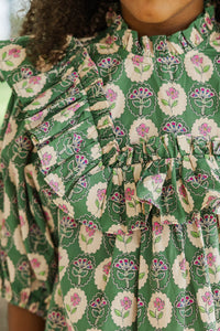Girls: In A Dream Olive Green Medallion Ruffle Blouse