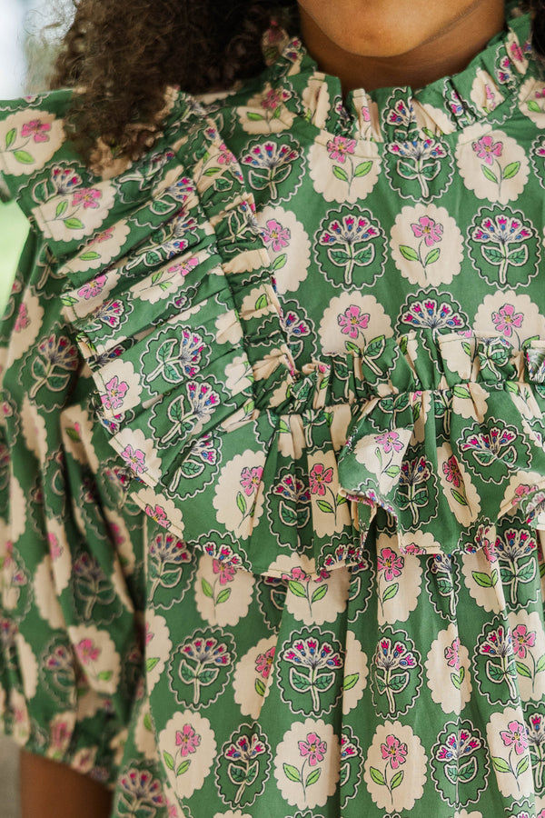 Girls: In A Dream Olive Green Medallion Ruffle Blouse