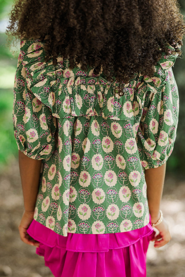 Girls: In A Dream Olive Green Medallion Ruffle Blouse