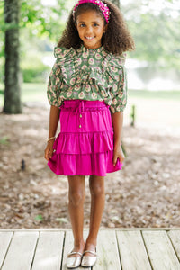 Girls: In A Dream Olive Green Medallion Ruffle Blouse