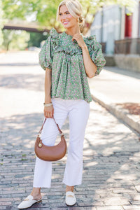 Say Less Green Medallion Ruffled Blouse