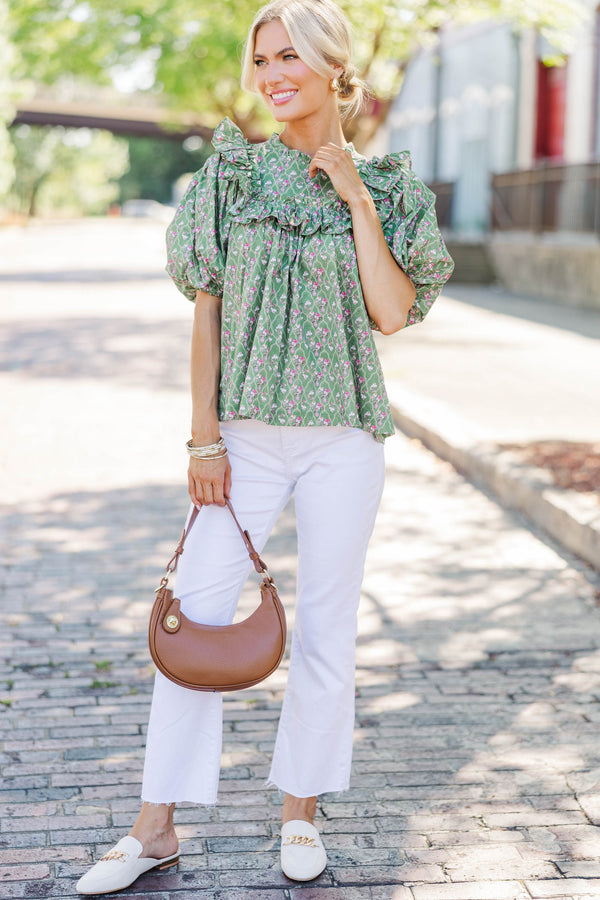 Say Less Green Medallion Ruffled Blouse