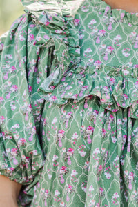 Say Less Green Medallion Ruffled Blouse