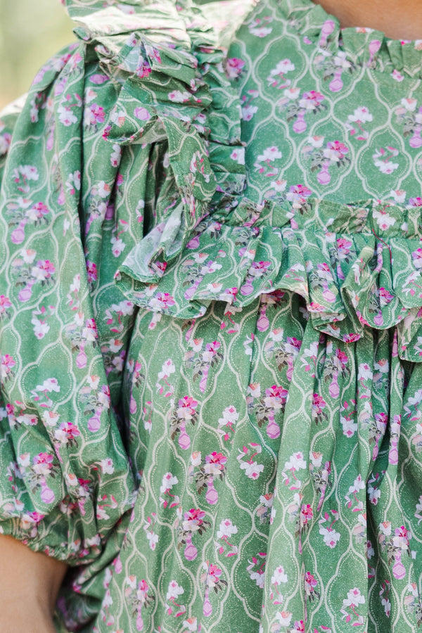 Say Less Green Medallion Ruffled Blouse