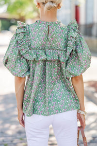 Say Less Green Medallion Ruffled Blouse