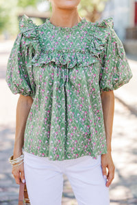 Say Less Green Medallion Ruffled Blouse