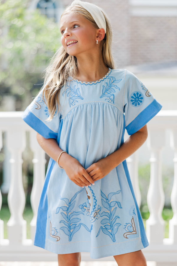 Girls: Twirl Me Pretty Blue Embroidered Mini Dress