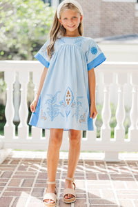 Girls: Twirl Me Pretty Blue Embroidered Mini Dress