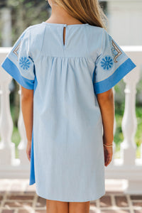 Girls: Twirl Me Pretty Blue Embroidered Mini Dress