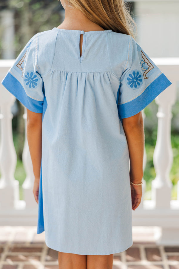 Girls: Twirl Me Pretty Blue Embroidered Mini Dress
